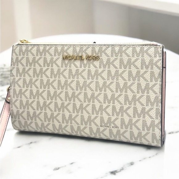 Michael Kors Large Jet Set Travel Double Zip Wallet Powder Blush Multi - Picture 3 of 9